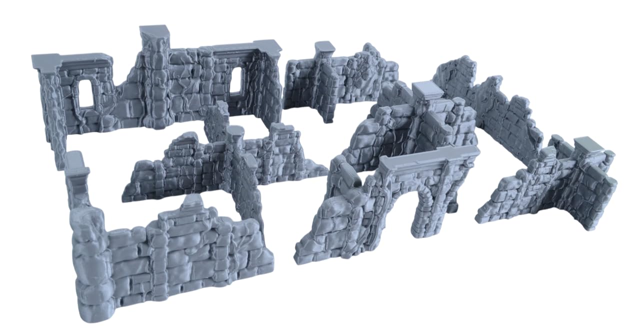 Überwucherte Ruinen-Wände für Tabletop - 28mm Fantasy Gelände freistehend, 3D-Druck aus PLA, Zubehör für Miniaturen, D&D, Conquest & Warhammer 40k, Grau