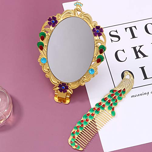 Lurrose Vintage Foldable Vanity Mirror Retro Makeup Handheld Mirror Folding Desk Cosmetic Mirror Portable Handle Mirror with Comb for Women Ladies