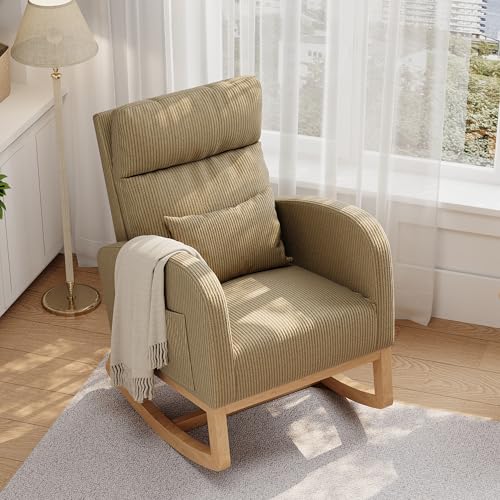 La Mejor Lista de Sillones y mecedoras para la lactancia disponible en línea. 41 Garvee - Silla mecedora, de pana con bolsillos laterales, silla de guardería con almohada, sillón mecedora para sala de estar, recámara, sala de enfermería, color café