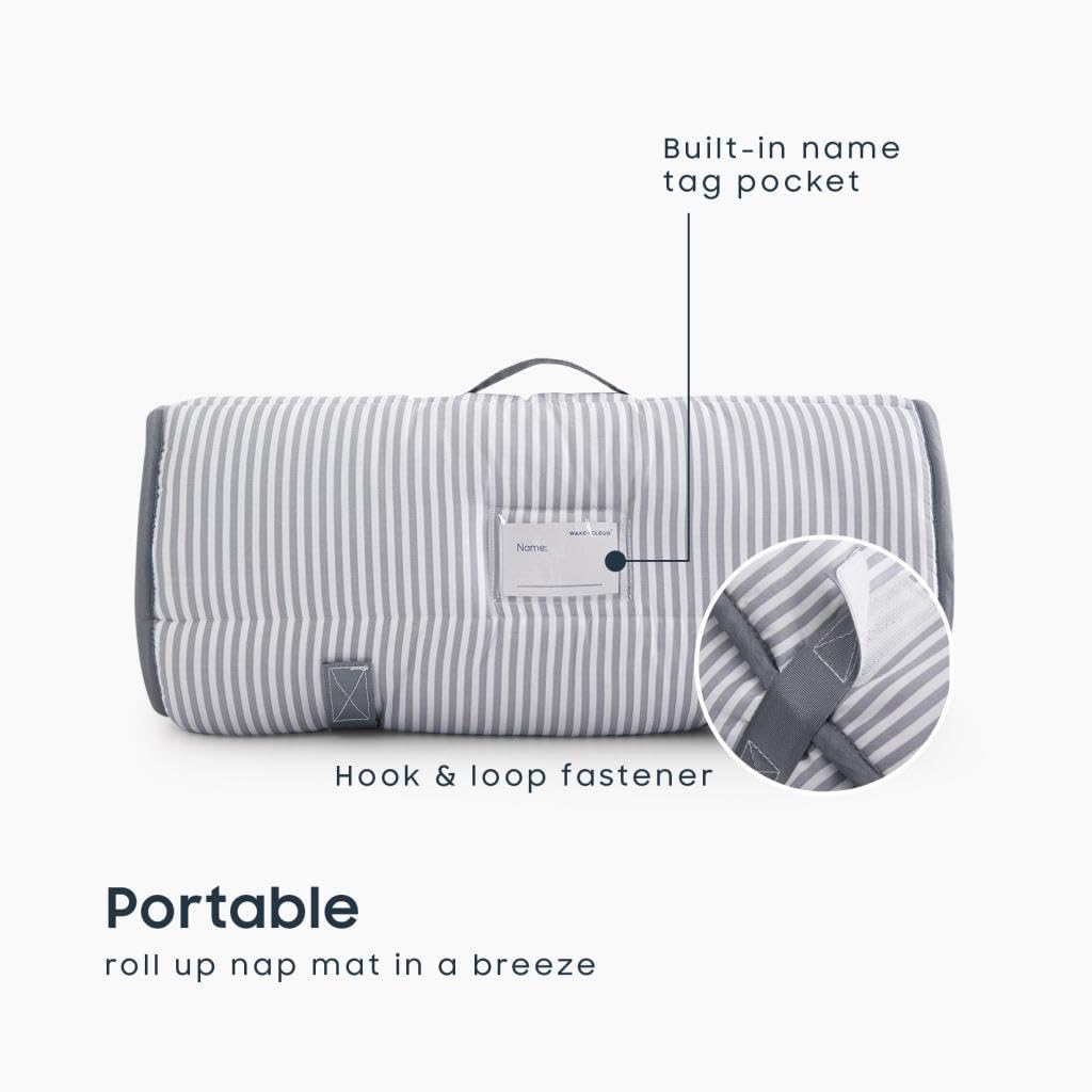 Wake In Cloud - Toddler Nap Mat with Pillow and Blanket, 100% Cotton Fabric, for Kids Boys Girls Ages 3 Plus in Daycare Kindergarten Preschool, Sleeping Bag, Ticking Stripes