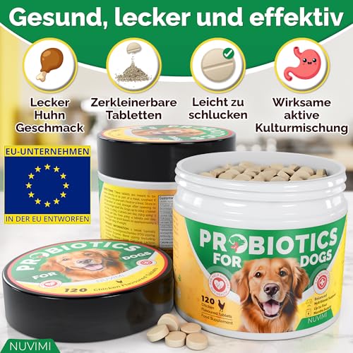 NUVIMI Probiotika für Hunde – 120 Probiotika- und Präbiotika-Tabletten für Hunde mit Hühnergeschmack – Stärkung des Immunsystems und Unterstützung der Verdauung – Vorrat für 1–4 Monate