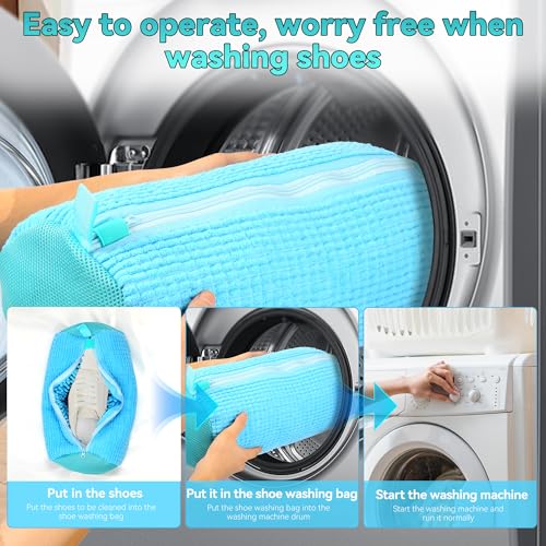 2 Pcs Shoe Washing Machine Bag,Reusable Laundry Shoe Washing Bag for Washer and Dryer,Shoe Cleaning Bag for Sneakers,Boots & Delicate Footwear,Include Pair of Adjustable Shoe Trees(Blue)3