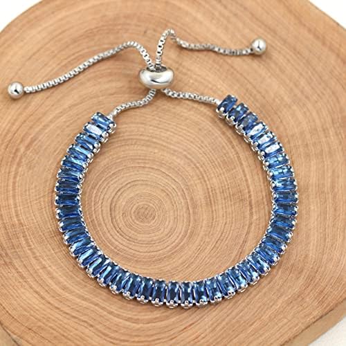 Uloveido Classic Rectangle Cut Blue Cubic Zirconia Crystal Tennis Bolo Bracelets Link Chain Adjustable Y1788 (Platinum, Blue) - Image 3