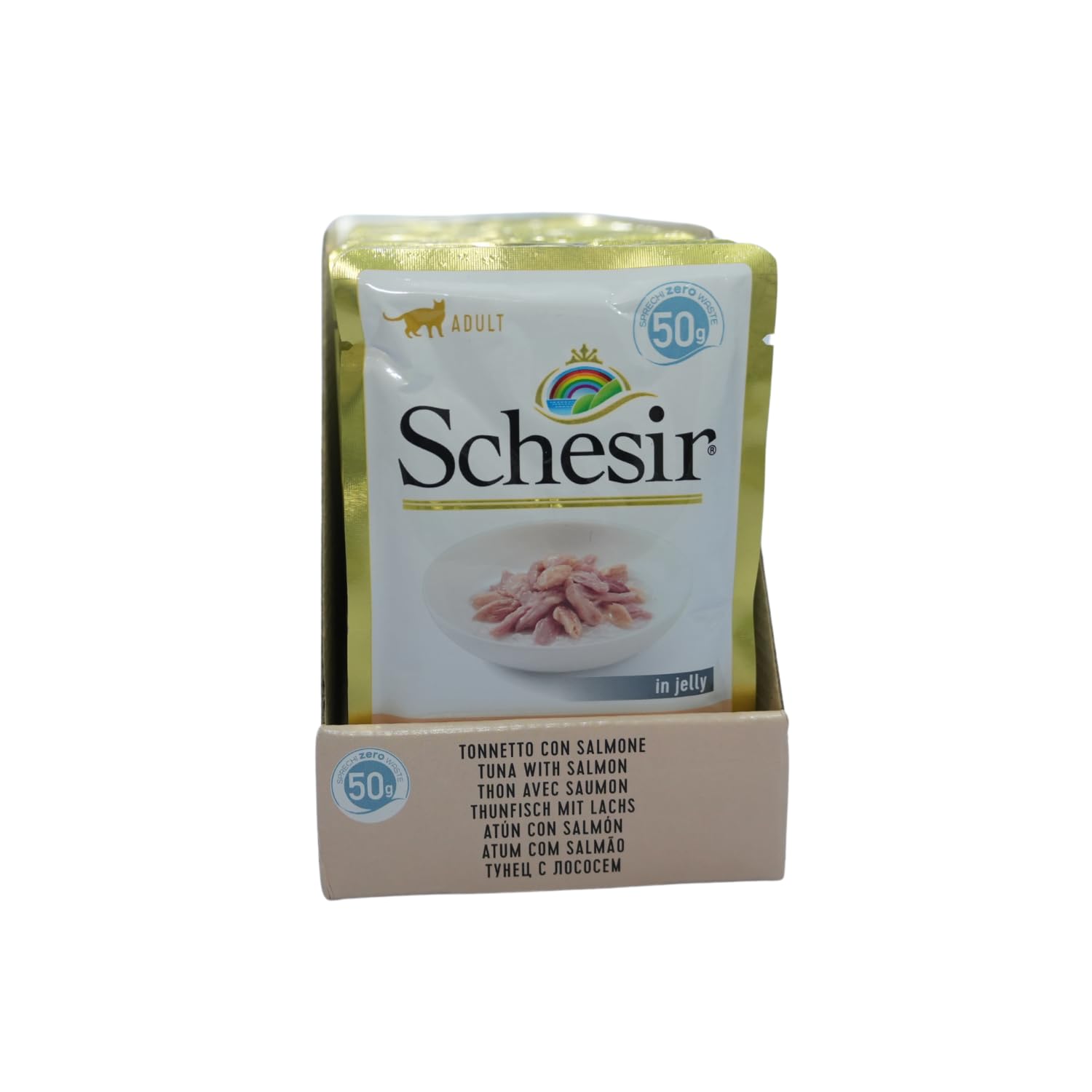 Schesir, Feuchtnahrung für Erwachsene Katzen mit Thunfisch und Lachs in weichem Gelee - (30 Beutel à 50 g) (Packung mit 2)