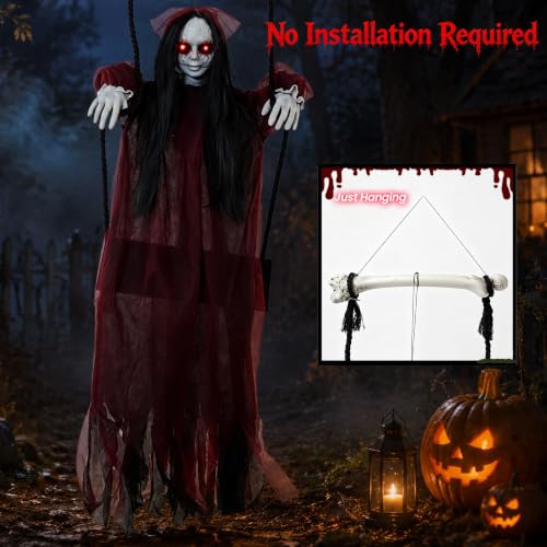 5FT Hanging Ghost Girl with Red LED Eyes for Outdoor Halloween Decorations | Clap or touch to trigger creepy screams and flashing eyes. Ready to hang on covered porches or in haunted houses. - image 7