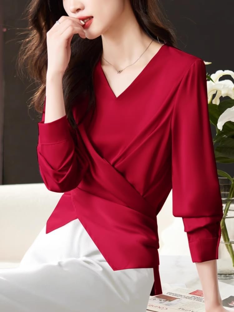 European Satin Autumn Clothes Irregular Shirt Tops for Women Chiffon Design