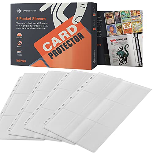 Supplies Sense Trading Card Sleeves Baseball Card Sleeves 9 Pocket for 3 Ring Binder, 100 Pack Heavyweight Page Protector Sheets for Pokemon Cards, Yugioh, Sport Cards, Game Card, Business Card Holder