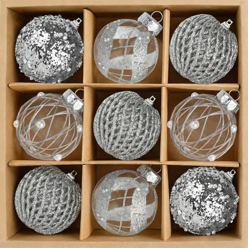 Mupera 9 Pack 3.15" Silver Sequin Christmas Ornaments - Shatterproof Glitter Balls | Premium Metallic Hanging Decor for Xmas Tree