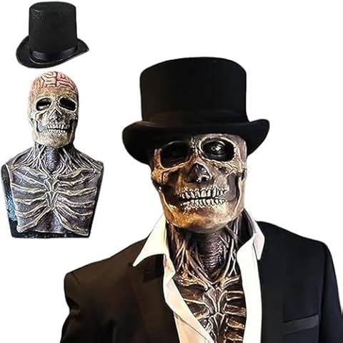 LittleVoleSherry Halloween Skull Mask Scary Full Head Latex Skeleton Mask Moving Jaw,Creepy Biochemical Bare Brain Mask Halloween Decorations (with Hat) Cover