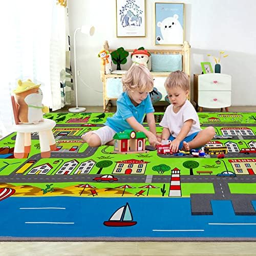 Myting Kids Rug, Car Childrens Rug Learning Educational Classroom Rugs for Children Nursery Rug, Soft Durable Car Mat for Baby Toddler, 80x120cm Green Area Rug