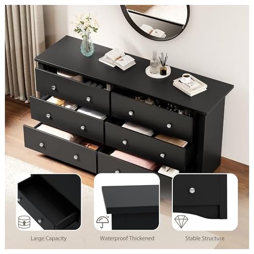 Modern Black 6-Drawer Dresser for Home