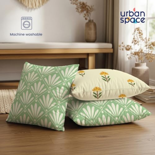 Image of Urban Space Decorative Cotton Cushion Cover Set of 3, 16 Inch X 16 Inch Cushion Covers for Sofa, Bedroom, Living Room (Amaya sage Green and Aster Yellow, Cushion Cover 40Cm X 40Cm, Set of 3)