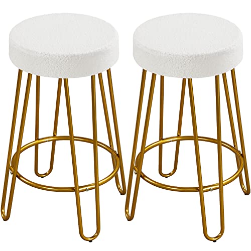 Yaheetech Bar Counter Height Stools Home Barstools with Upholstered Velvet Round Backless Seat and Hairpin Legs Set of 2, Ivory