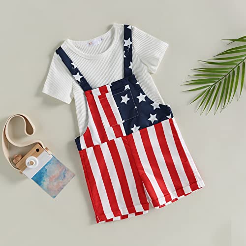 Moreeluck 4Th Of July Outfit Baby Girl Top And Romper Overall 2Pcs Suit Short Sleeve Tee Shirt And Bib Shortalls Holiday Clothes (A White, 4-5 Years) #TOP1