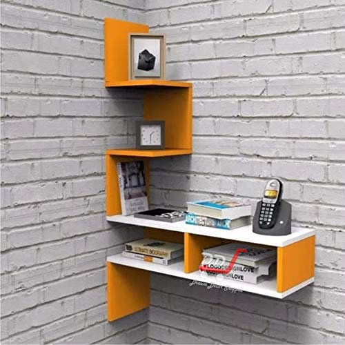 Image of Engineered Wood Big Zigzag Corner Wall Shelf for Living Room and Home Decor (Yellow & White Combination)