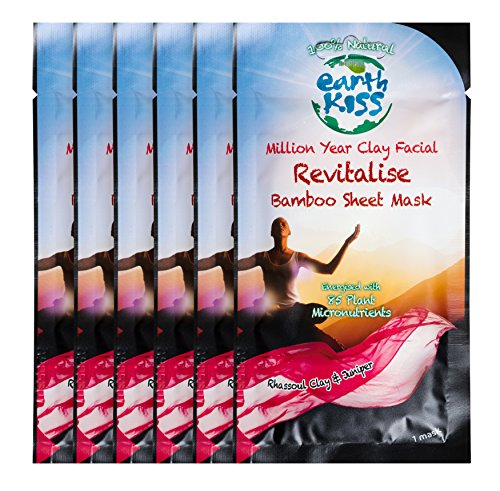 Earth Kiss - 100% Natural Million Year Clay Facial Revitalizing Bamboo Sheet Mask, Made with Rhassoul Clay and Juniper, Pack of 6