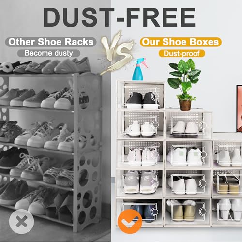 Image of Kuject 12 Pack Large Shoe Boxes, Clear Stackable Containers with Lids,White
