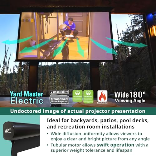 Image of Elite Screens Yard Master Electric 100 inch Outdoor Motorized Projector Screen with RF Remote, IP33 Rain Protection, 4K /8K Ultra HD HDR Ready Backyard Patio Movie Screen - OMS100H-ELECTRIC