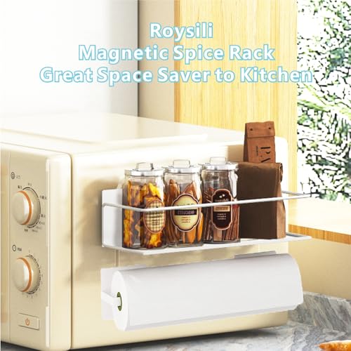 Image of Magnetic Spice Rack For Refrigerator, Space Saving Magnetic Shelf For Fridge White 4 Pack With Magnetic Paper Towel Holder
