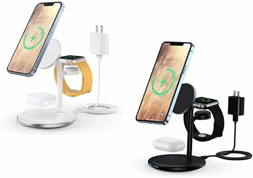 XooFly 3 in 1 Wireless Charging Station for Apple Devices, Fast Wireless Mag-Safe Charger Stand with 20W Adapter for iPhone 17/16 15 14 13 12 Series, iWatch, AirPods, 2 Pack White & Black