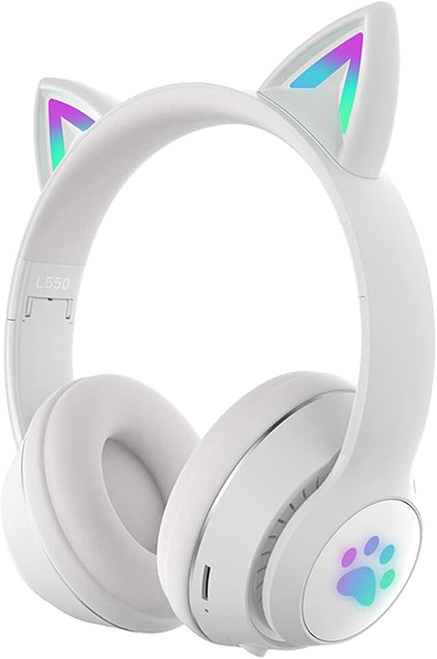 Fone de Ouvido Orelha de Gato com Iluminação LED, Headset Bluetooth 5.0 para Jogos/Músicas Estéreo, Fone Sem Fio de Gatinho com Microfone Embutido para Meninas
