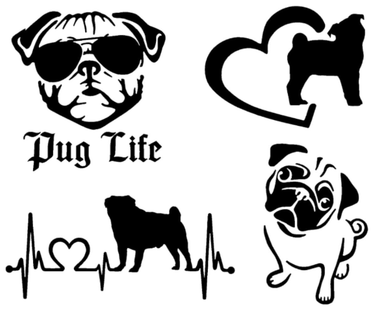 Pug Decal Pack: Pug Life, Heart Silhouette, Detailed Decals (Small 3.5", Black)