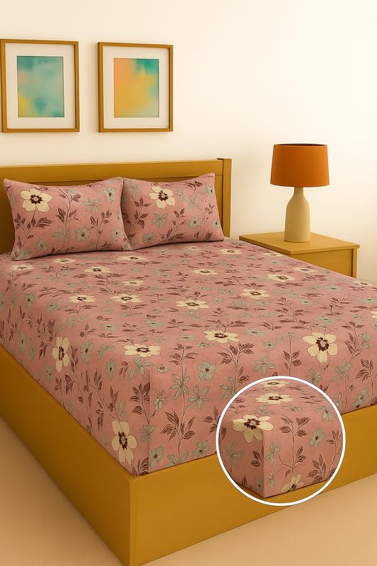 Image of Pink Blossom Floral Print Fitted Bedsheet | Glace Cotton 140 TC | Queen Size (60x78 inch) with 2 Pillow Covers (18x28 inch) | Deep Pocket up to 10 Inches - Soft & Comfortable