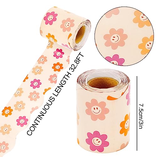 Image of Whaline 196.8ft Boho Bulletin Board Borders Daisy Flower Checked Die-Cut Scalloped Stripes Retro Groovy Rolled Trim for Back to School Classroom Teacher Supplies Office Chalkboard Decoration, 6 Rolls