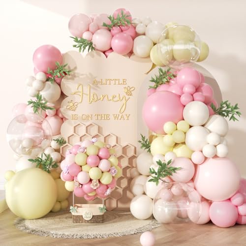 Image of Pink and Yellow Balloon Arch Kit with 3 Bobo Balloons 139 Pcs Pastel Pink Light Yellow Sand White Latex Balloons for Birthday Baby Shower Bridal Shower Wedding Bear Theme Party Decorations for Girl