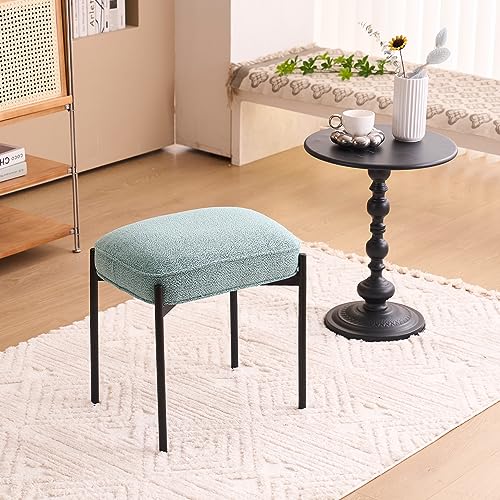 YOUNIKE Vanity Stool Fabric for Makeup Room Rectangle Foot Stool Ottoman with Metal Legs Upholstered Boucle Footrest Vanity Bench for Dressing Table Bedroom Living Room, Light Blue