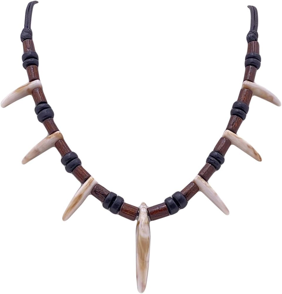 Wooden Bead Resin Tooth Adjustable Tribal Necklace for Men Women Caveman Black Coconut Wood Beads Necklace