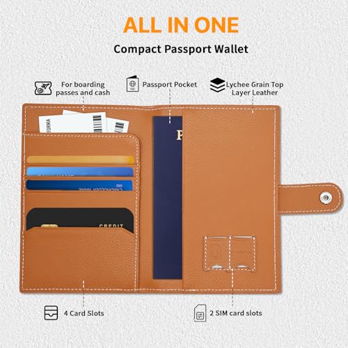 Genuine Leather Passport Holder, RFID Blocking Travel Wallet for Men/Women, Stylish Passport Cover with Airtag Slot, Durable Passport Wallet case travel essentials (Brown)2