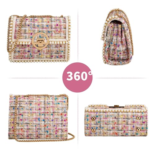 Quilted Shoulder Bag Purse for Women Fashion Tweed Pearl Clutch Handbag Designer Small Crossbody Bag, with Chain Strap3