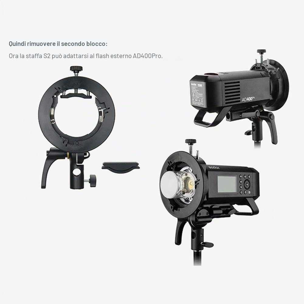 Godox S2 Bracket Supporto Bowens, compatibile con flash Godox V100 AD200 Pro II V1 Pro RS60R AD100 Pro RS60BI TT600, Funziona anche con Flash Sony Canon Nikon Fujifilm