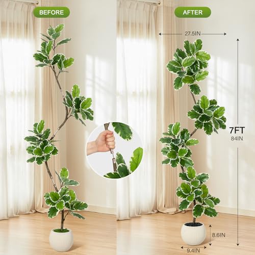 GarveeHome Fiddle Leaf Fig Tree Artificial Indoor, 7FT Tall Faux Rubber Tree with Sphere Planter, Tall Artificial Plants with Moss for Home Decor Office Living Room
