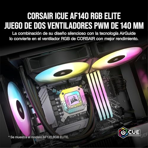 Corsair iCUE AF140 RGB Elite de 140 mm Kit de Dos Ventiladores PWM - Ocho LED RGB por Ventilador - Tecnología AirGuide - Controlador iCUE Lighting Node Core Incluido - Negro - imagen 2