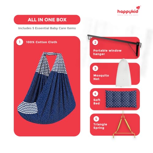 Image of Happykid Baby Cradle Set | Durable Cotton Cloth, Mosquito Net, Spring, Triangle and Window Hanger (Navy, with Bed)