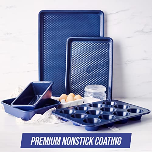 Blue Diamond Bakeware Diamond Infused Nonstick, 5 Piece Baking Set With 13X18Inch Baking Sheet,13X9Inch Cookie Sheet, 12 Cup Muffin Pan, Square Cake Pan & Loaf Pan, Dishwasher/Freezer Safe, Pfas-Free #TOP1