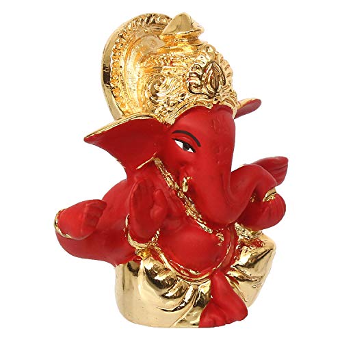 Image of eCraftIndia Gold Plated Red Mukut Ganesha Decorative Showpiece for Home /Temple /Office