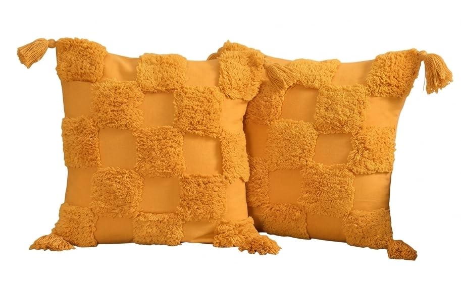 Image of Cushion Cover Pack of 3 (16x16 Inches) | Cotton Textured Decorative Throw Pillow Case for Sofa Bed Living Room Leaf Tufted Cushion Cover with Tassels (Yellow Box)