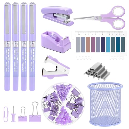12 Pcs Purple Office Supplies Purple Desk Accessories Stapler with Staples Tape Dispenser Pen Holder Box of Paper Clips Pens Sticky Notes for Office Home by Caeuiciw - Used condition - US$12.76