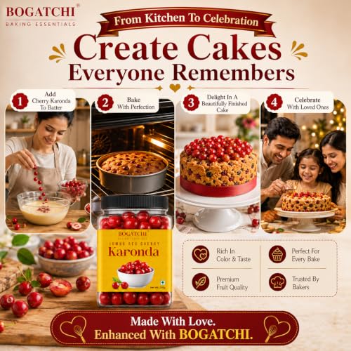 Image of BOGATCHI Jumbo Red Cherry Karonda for Cake Decoration, Ice Creams, Shakes & Desserts | Big Juicy Cherry Toppings for Baking, Garnishing & Sweets | Delicious, Tasty & Ready to Use | 200g