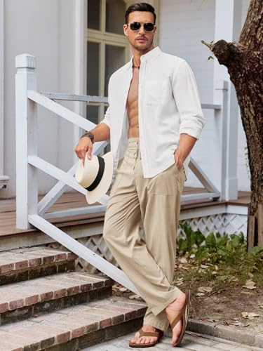 Runcati Mens Cotton Linen Pants Casual Elastic Waist Drawstring Lightweight Loose Fit Summer Beach Yoga Trousers4