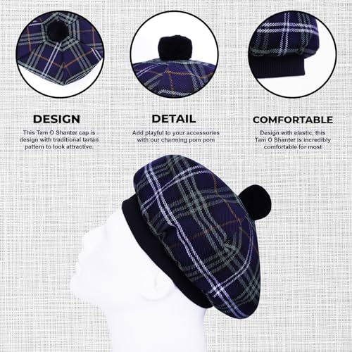 Image of Scottish Tam O' Shanter Hat Tartan Bonnet Pom Pom Wool Flat Cap One Size