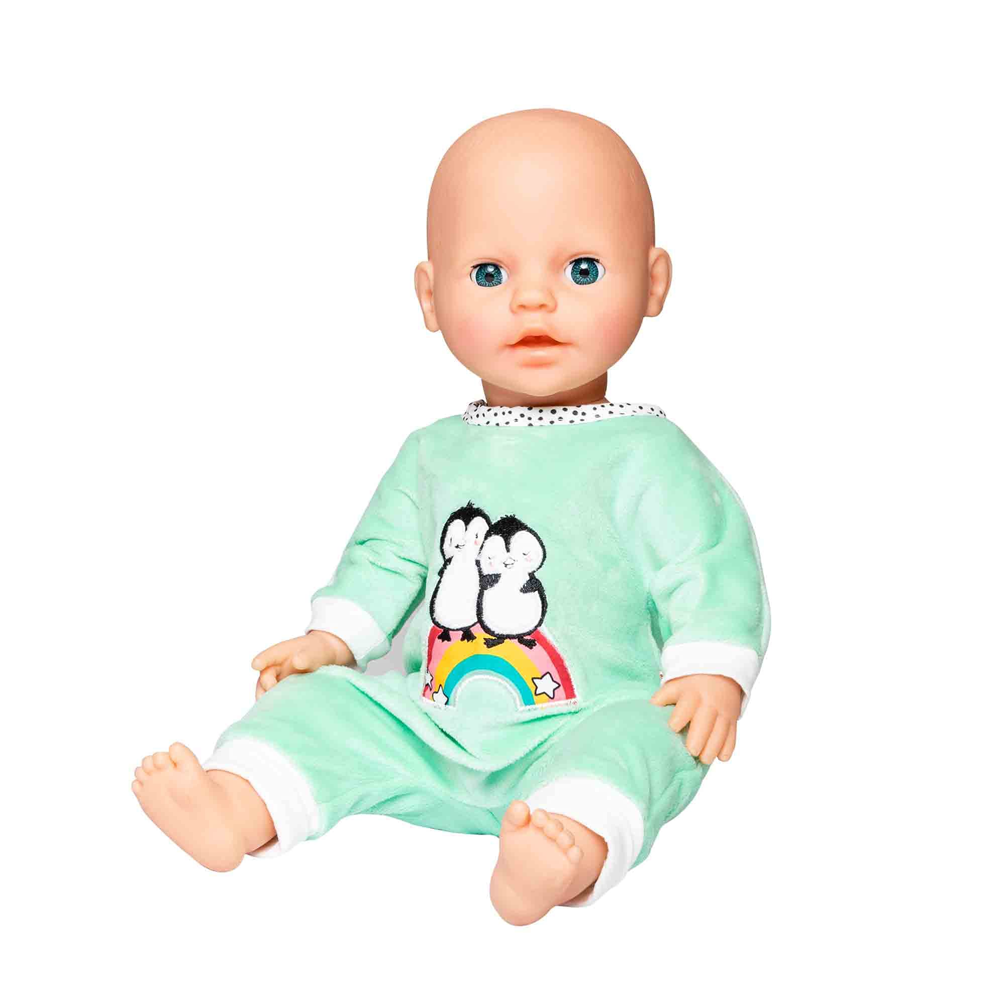 Heless 9181 - Pagliaccetto per bambole a pois con pinguino, in morbido velluto con ricamo di alta qualità, misura 20-25 cm, confezione da 1