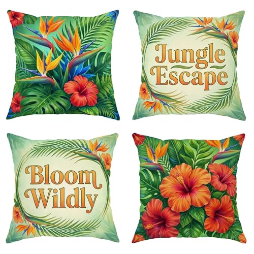 Hibiscus Throw Pillow Covers Set of 4, Tropical Botanical Bird of Paradise Foliage Summer Green with Hidden Zipper Cover Decorative Pillows for Living Room Apartment Bed Sofa Decor 16x16 Inch