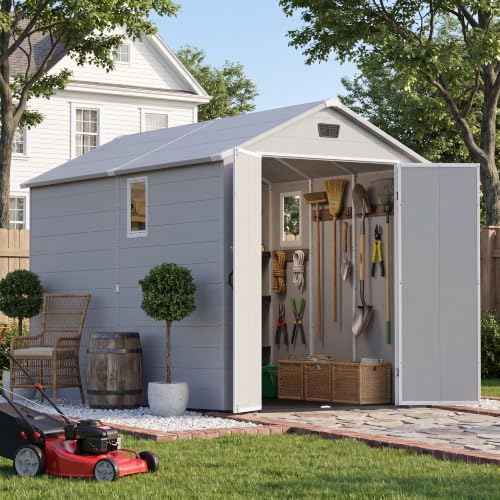 Image of Devoko 6x10 FT Plastic Storage Shed with Floor, Large Resin Outdoor Sheds with Lockable Door and Windows, Waterproof Outside Tool Garden Shed for Patio, Lawn, Backyard, Light Gray