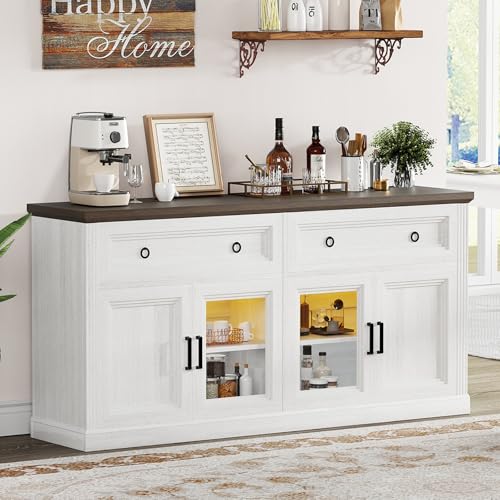 JanflyHome 63'' Sideboard Buffet Cabinet with Storage, Modern Credenza with Outlets & LED Light, 2 Drawers, 4 Doors, Adjustable Shelves, Coffee Bar Cabinet for Kitchen Living Room, Antique White