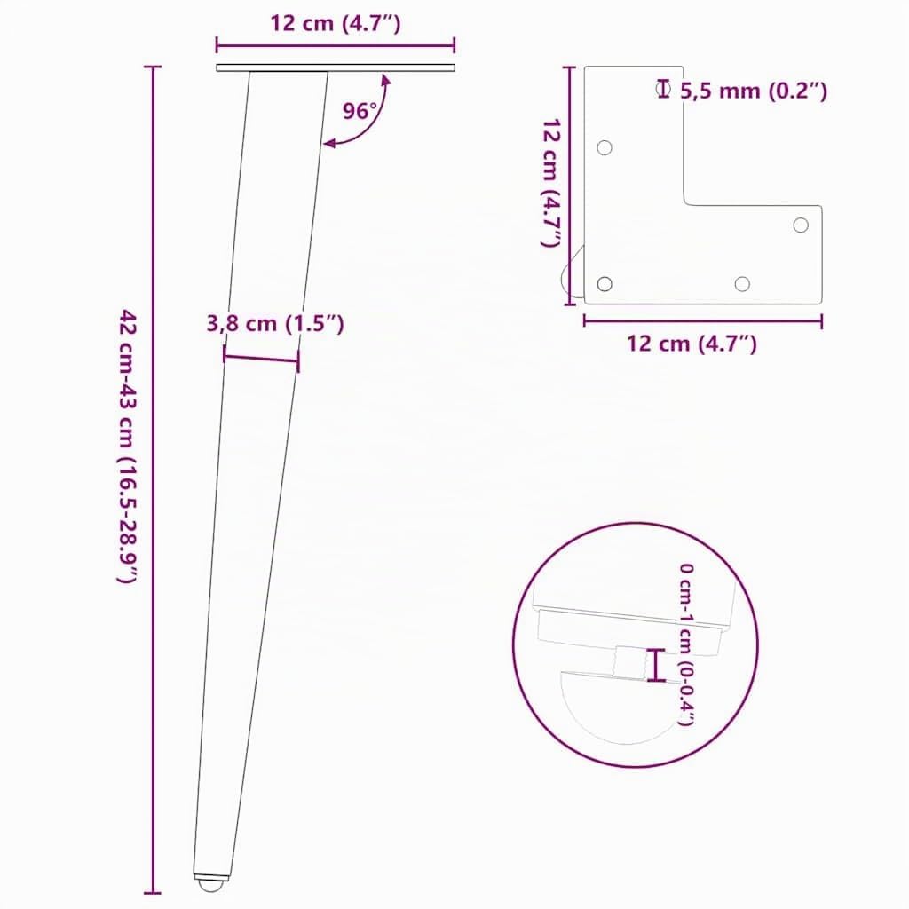 vidaXL Pieds de Table Basse Coniques 4 pièces Blanc 42-43 cm Acier