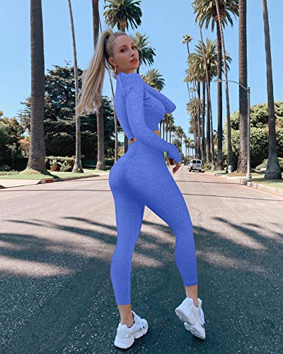 OYS Women\'s Workout 2 Piece Outfits Seamless High Waist Yoga Leggings Running Sports Long sleeve Gym Sets Blue